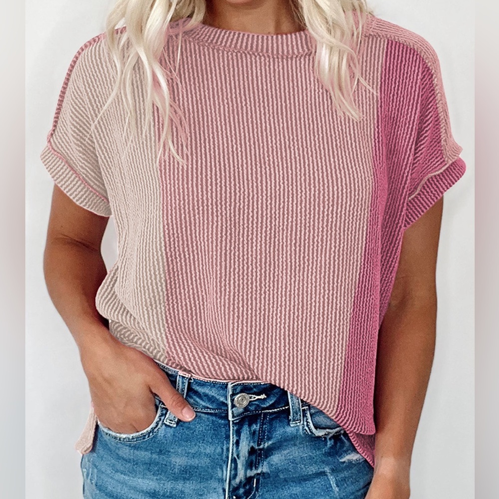 Pink Textured Colorblock Crew Neck T Shirt - Picture 4 of 4